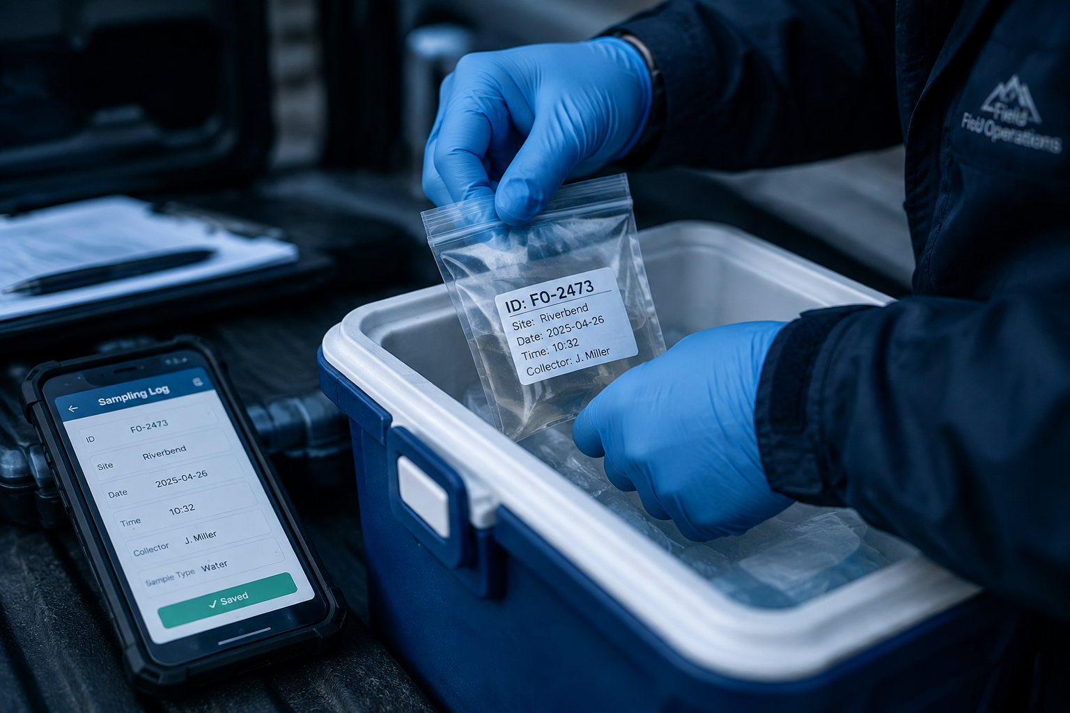 A bagged bulk sample labelled for chain of custody during an asbestos survey